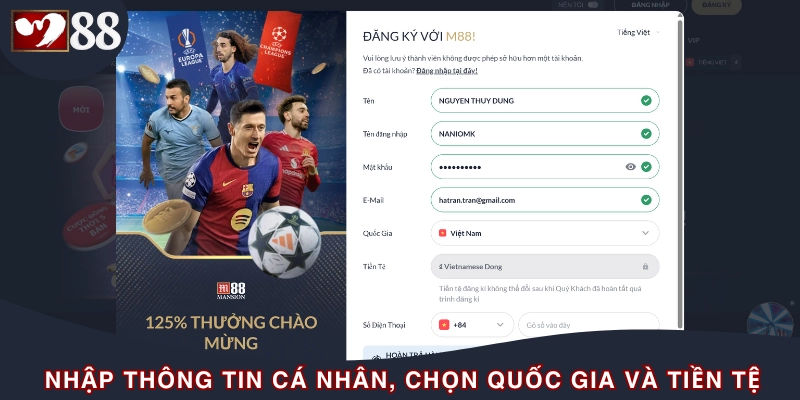Giao diện đăng ký tài khoản M88 với đầy đủ thông tin cần thiết