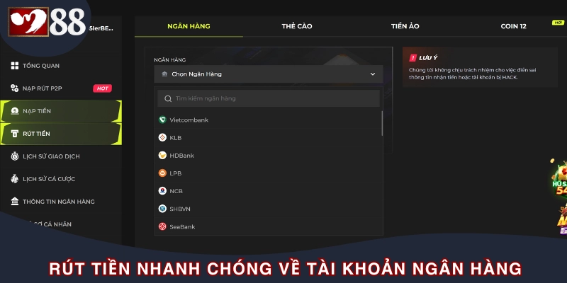 Rút tiền M88 bằng hình thức ngân hàng